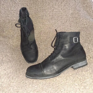JACK & JONES-Black Oiled Leather Ankle Boots-Side Zip-Lace Up-Sz 43/10-NWOB